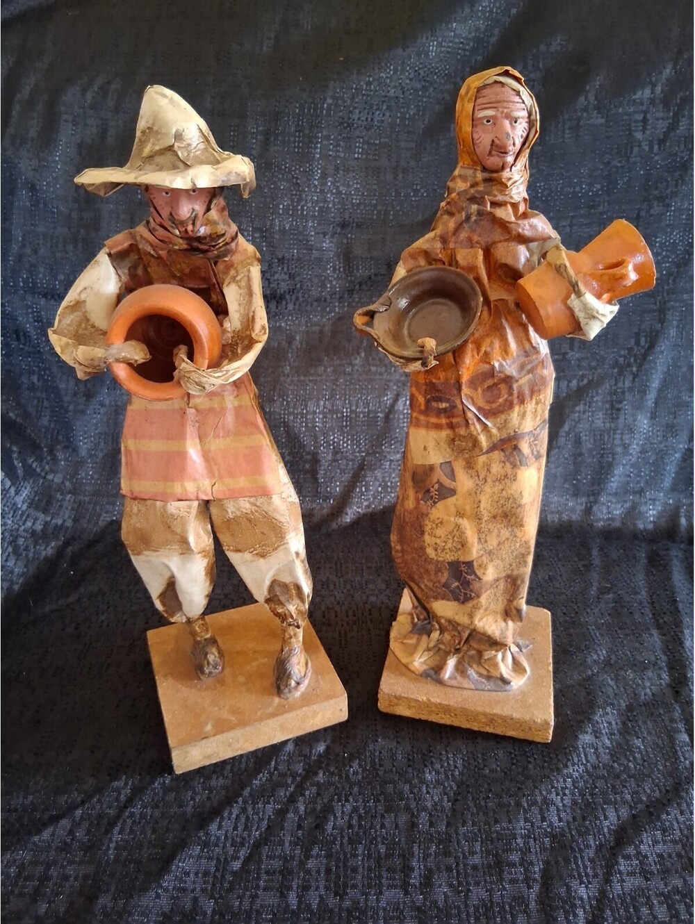 Vintage Mexican Hispanic Folk Art Paper Mache Man & Woman with Clay Pots